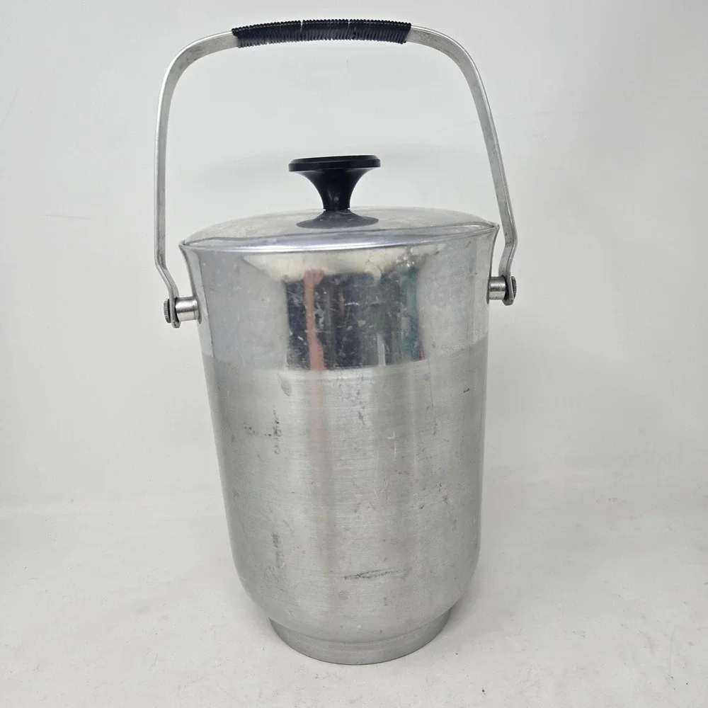Vintage B-711 Italy Brushed Aluminum Ice Bucket Mid Century Modern Barware Lid